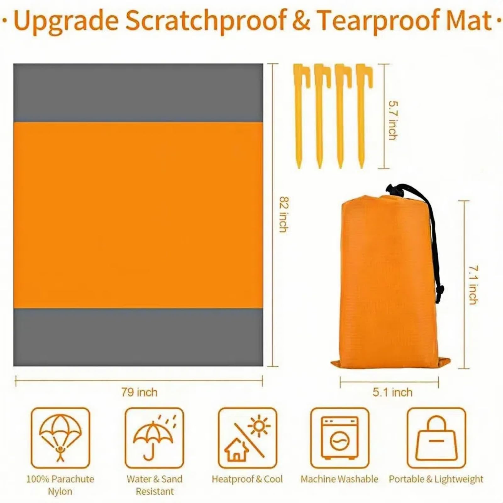 KoovDem Beach Blanket Sandproof Oversized, 80''×80'' Extra Large Mat, Waterproof Foldable Blankets Mat for Beach with 4 Stakes for Travel Camping Nylon 210T(orange)