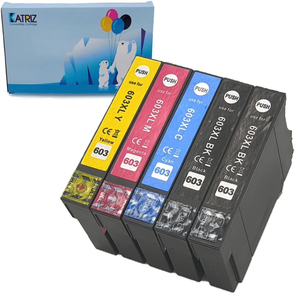 KATRIZ 603XL 603 XL Ink Cartridges Replacement Compatible for Epson Expression Home XP-2100 XP-4100 XP-4105 XP-2105 XP-3100 XP-3105 WorkForce WF-2850 WF-2810 WF-2835 WF-2830 (2BK,1C,1M,1Y) 5 Pieces