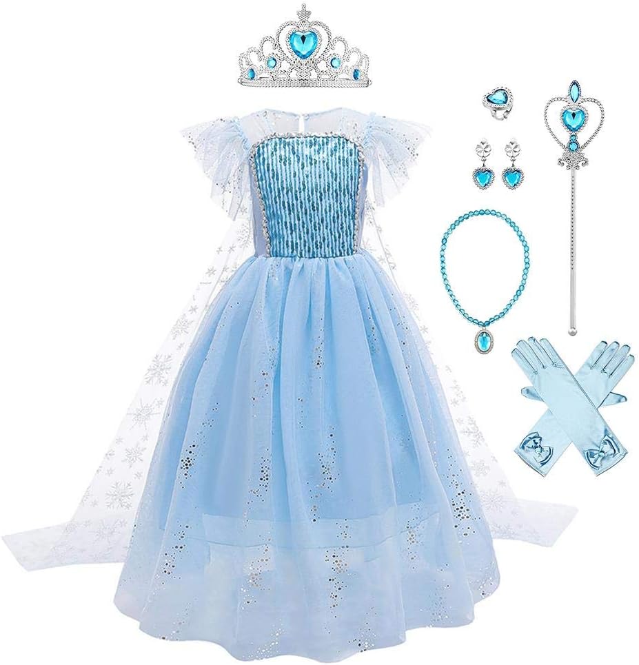 IWEMEK 7PCS Girls Elsa Dress with Princess Dress Up Accessories Cosplay Costume Ice Snow Queen Fancy Dress Kids Halloween Party Christmas Carnival Costumes Outfits 4-9 Years
