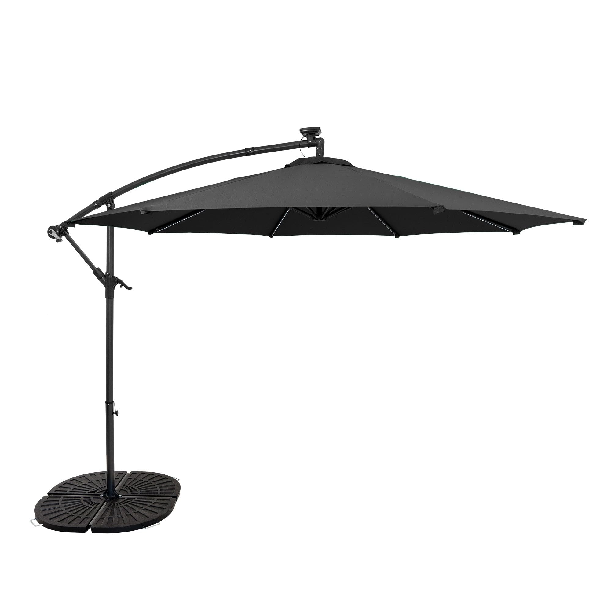 Grey 3m LED Cantilever Parasol Banana Hanging Umbrella & Full Fan Garden Sun Shade Canopy Patio Outdoor UV Protection Winding Crank 104 Solar Power Lights Cool White 8 Ribs Waterproof Rain Cover