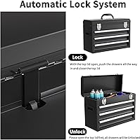 Vista 2 de Portable Metal Tool Box, 3 Drawers Lockable Heavy Duty Tool Chest Storage Toolbox with Ball-Bearing Slides and 2 Metal Latches Closure for Garage