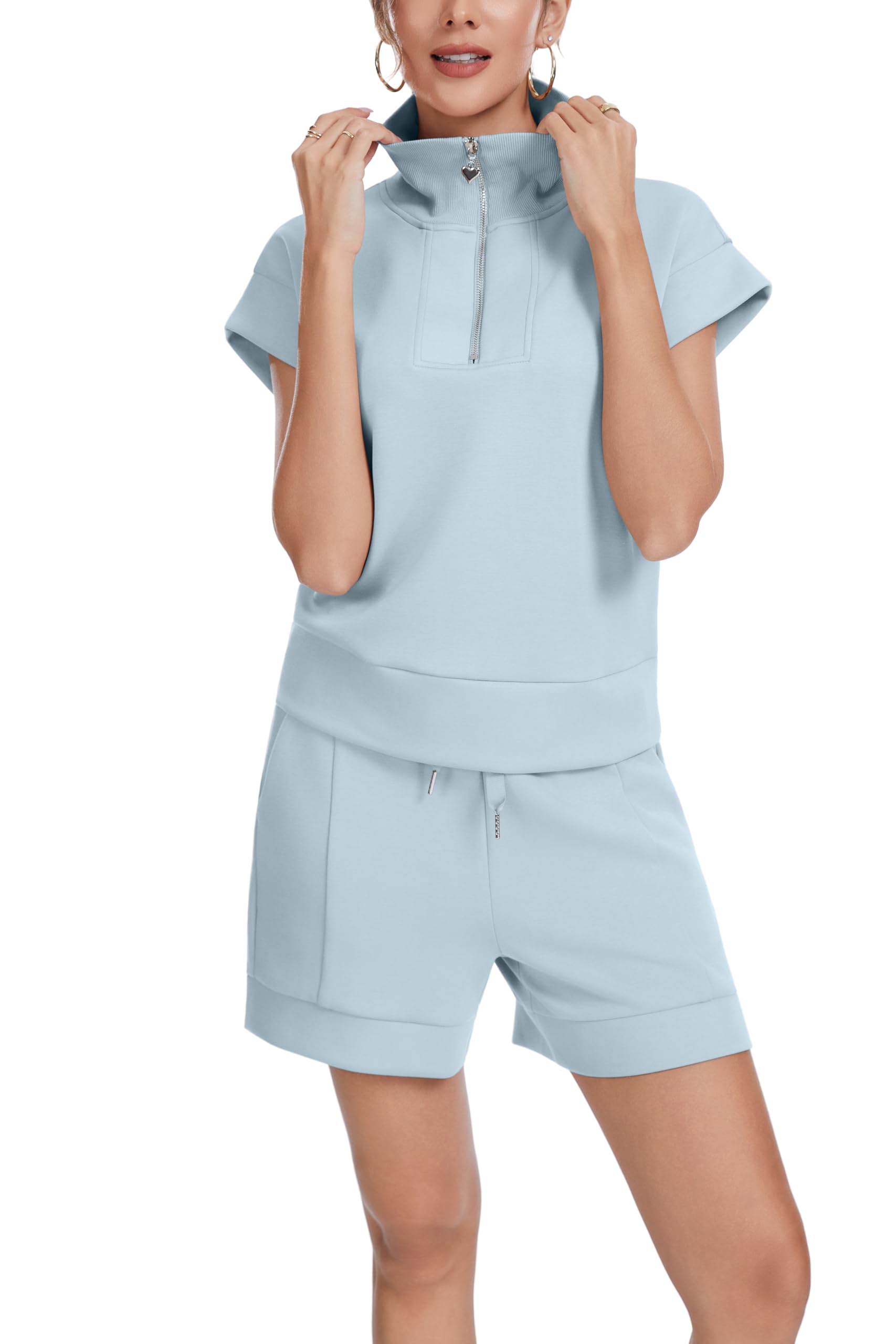 Women Summer Two Piece Sets Casual Cap Sleeve Top Drawstring Sweatsuit Lounge Short Sets