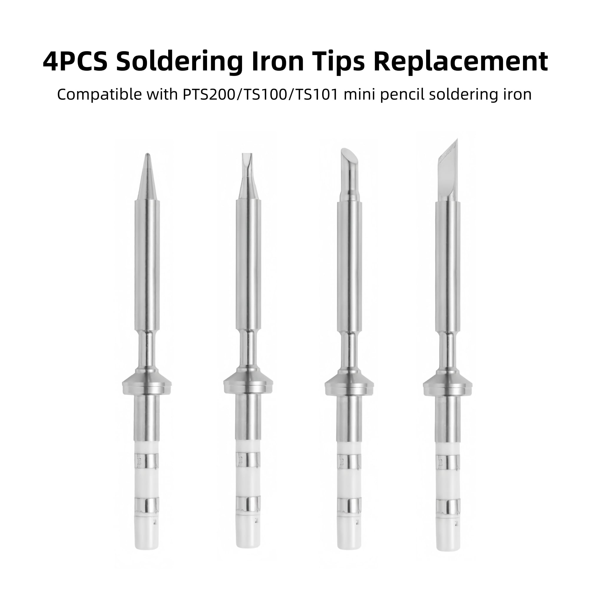 KZU 4PCS Mini Soldering Iron Tips Replacement for PTS200/TS100/TS101 Pencil Soldering Iron, Mini Stainless Steel Soldering Iron Tips, Fast Heat Conduction (ST-B2/C4/K/D24)