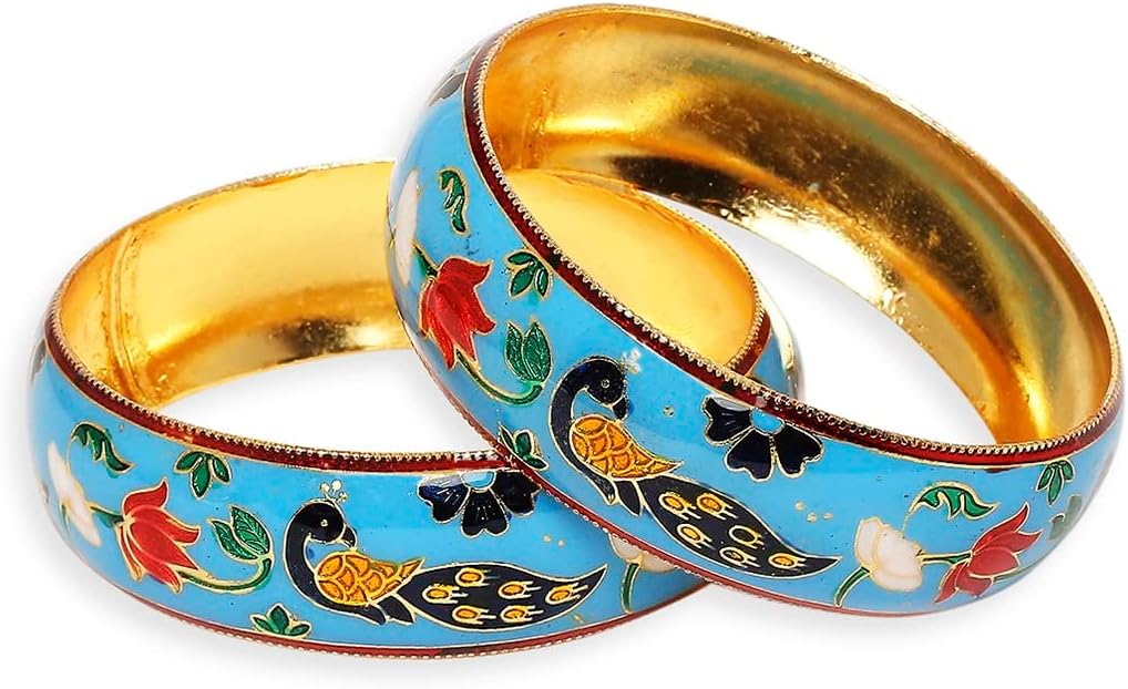 OOMPH Jewellery Set of 2 Mint Green Meenakari Floral Design Brass Bangle Kada Set for Women & Girls