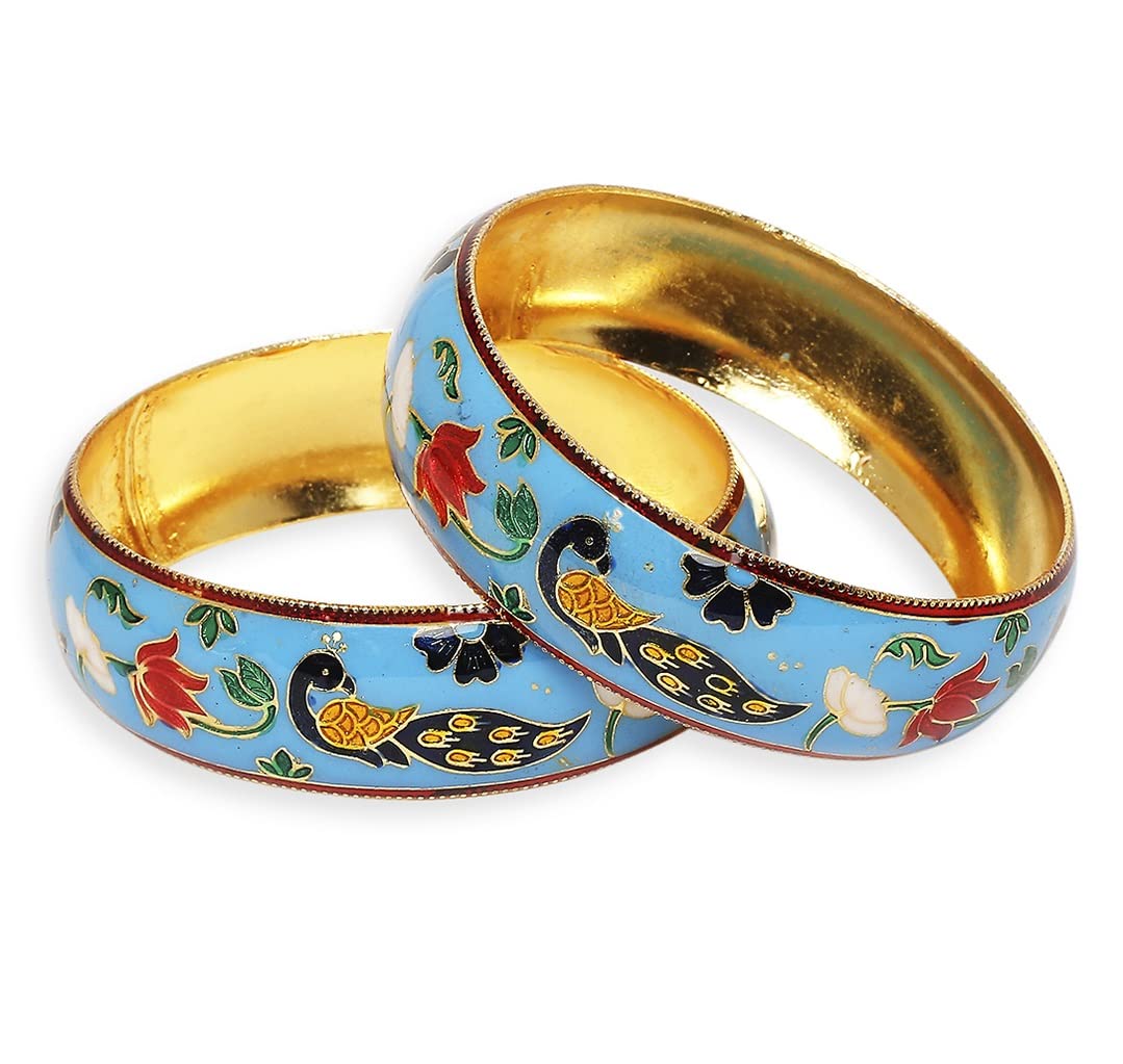OOMPH Jewellery Set of 2 Mint Green Meenakari Floral Design Brass Bangle Kada Set for Women & Girls