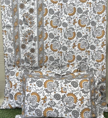 Image of YOKSH Handlooms - Premium Jaipuri 100% Cotton 240 TC|SuperKing Jumbo Size 120x120 INCH,10 FEET|Flat BEDSHEET|2 Zipped Pillow Covers|AZO-Free Colors (Mustard Grey White 120110)