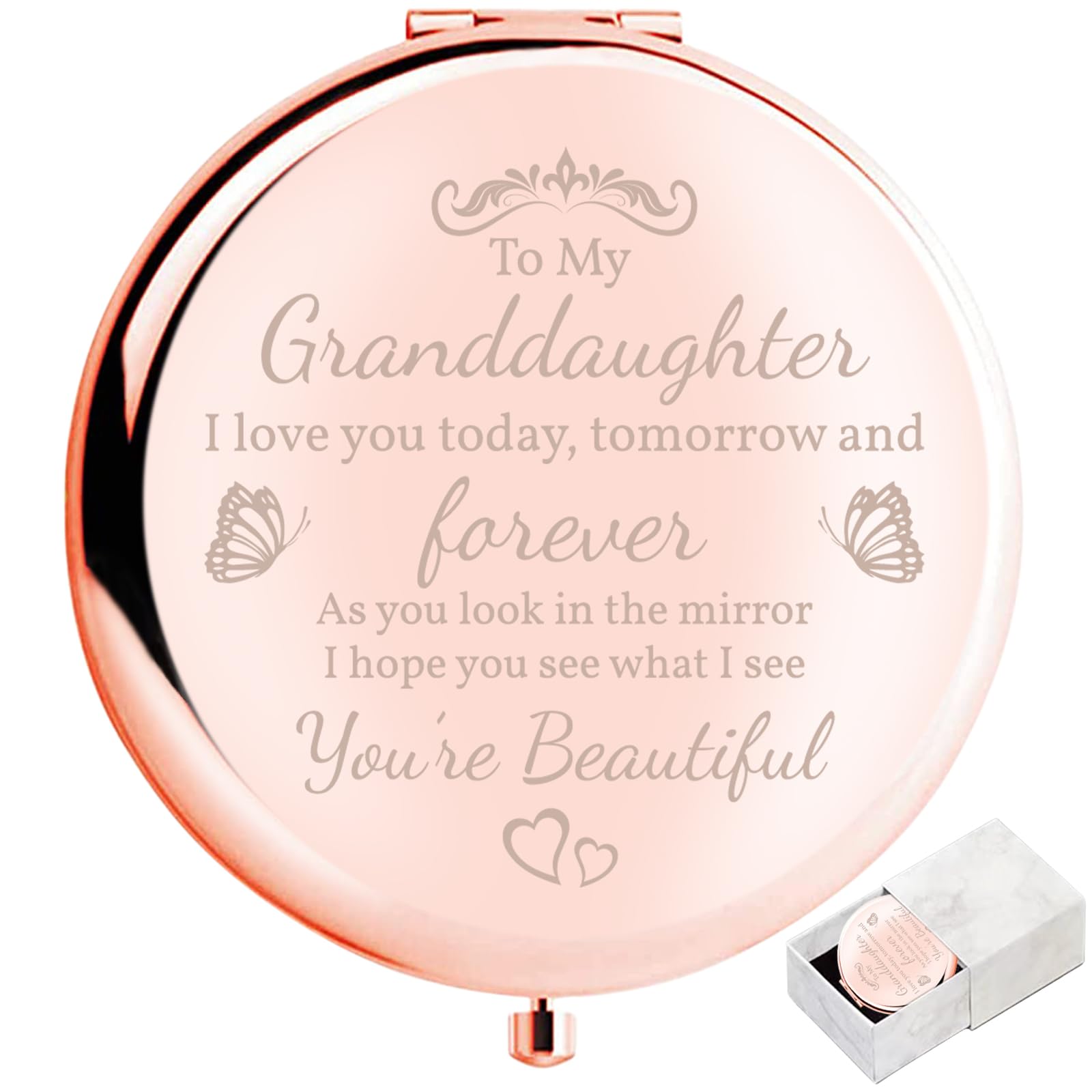 boutikpro Granddaughter Birthday Gift Compact Mirror from Grandma Grandpa, Gorgeous Rose Gold Compact Mirror Unique Granddaughter Gift for Women Girls
