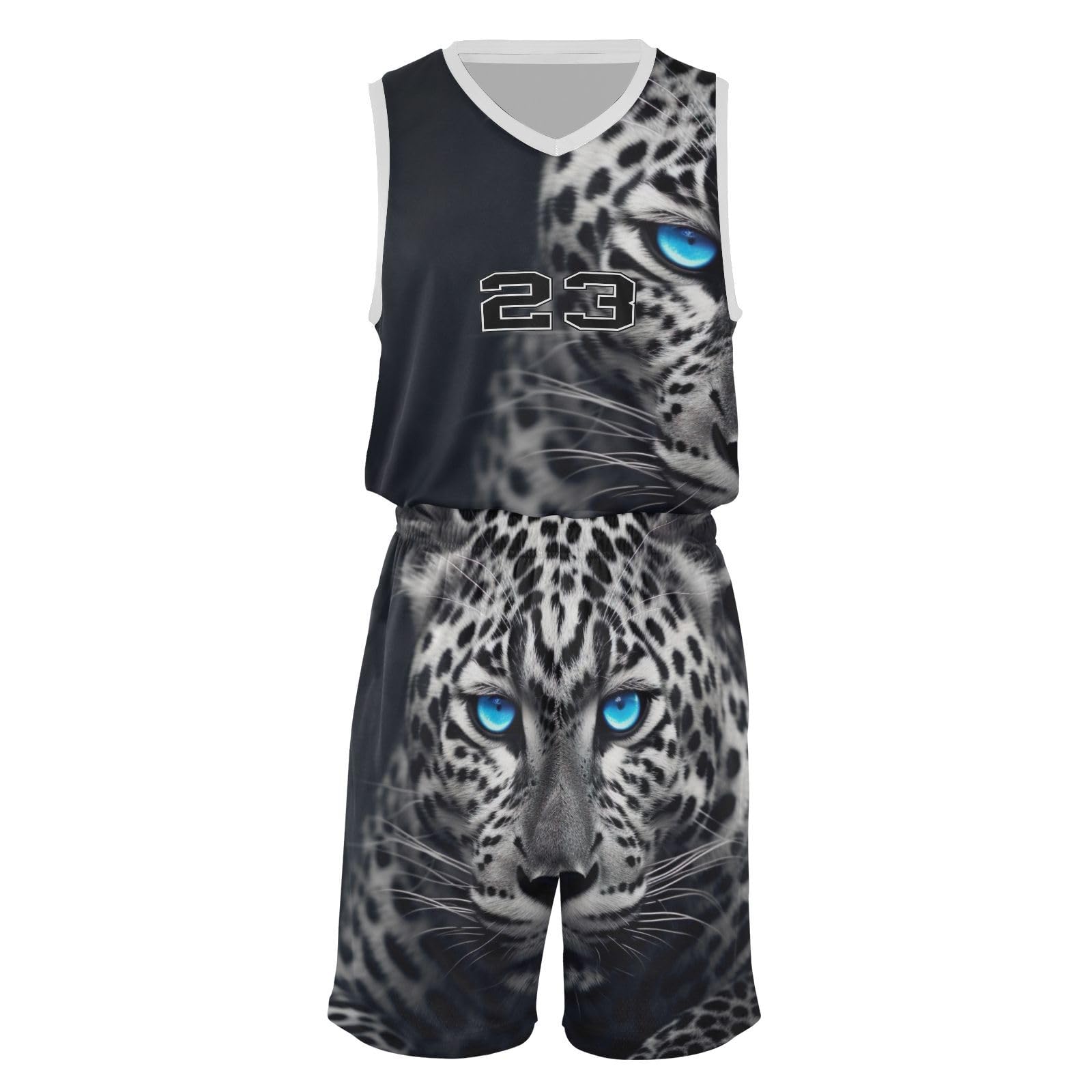 FLildon Leopard Cheetah Blue Eyes Boys Basketball Jersey Set Tank Top Shorts Tracksuit Sport Training Suit for Kids, M
