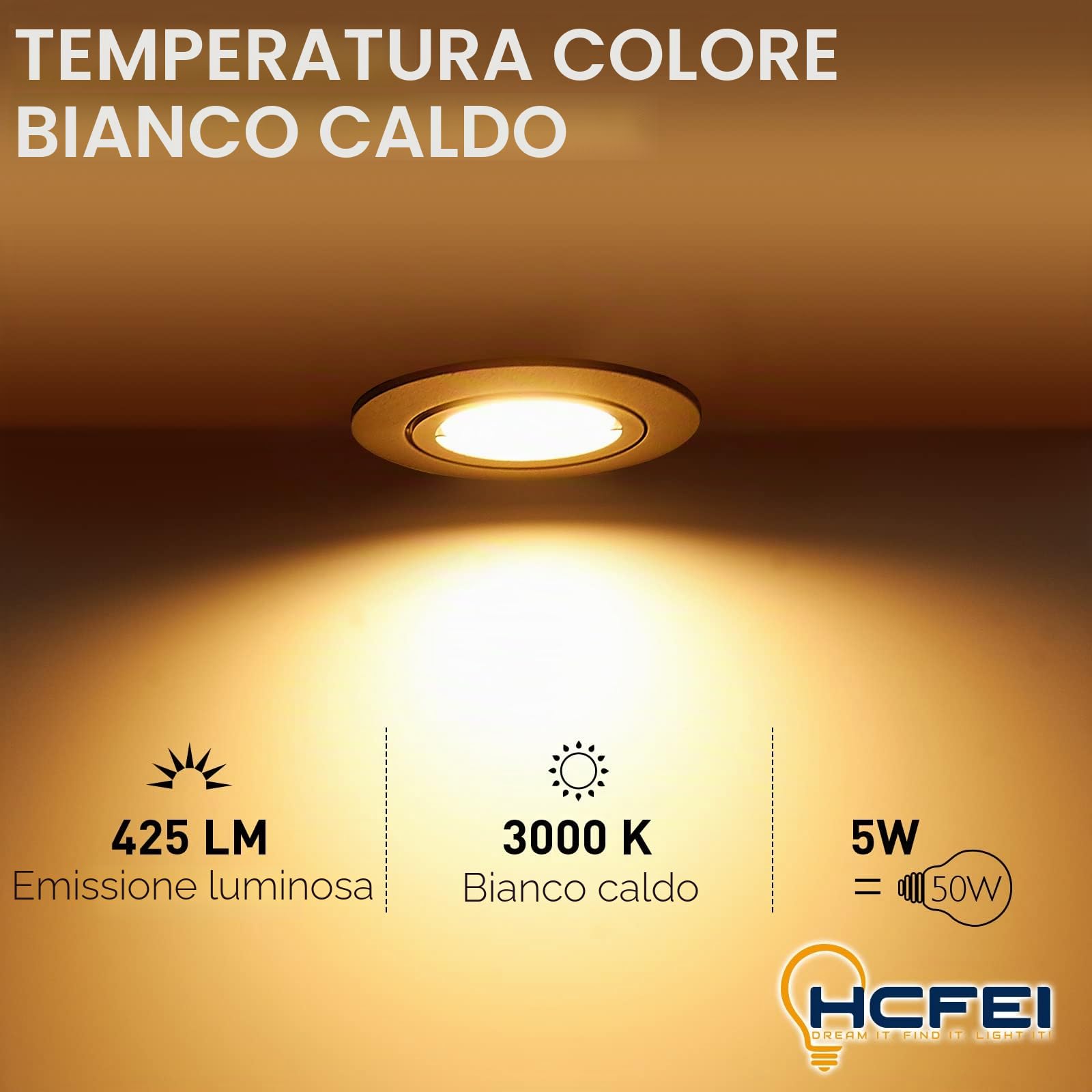 HCFEI 10x Faretti LED da Incasso nero per cartongesso, Orientabile con Porti Luce Bianco Caldo 5W Pari a 50W 3000K Dimmerabile Angolo a Fascio 120 Gradi AC 230V