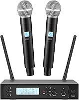 Vista 1 de Sistema de Micrófonos Inalámbricos con 2 Micrófonos de Mano Inalámbricos de 100 Canales, Rango UHF de 328 Pies, Micrófonos con Transmisión de Señal