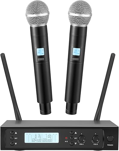 Sistema de Micrófonos Inalámbricos con 2 Micrófonos de Mano Inalámbricos de 100 Canales, Rango UHF de 328 Pies, Micrófonos con Transmisión de Señal