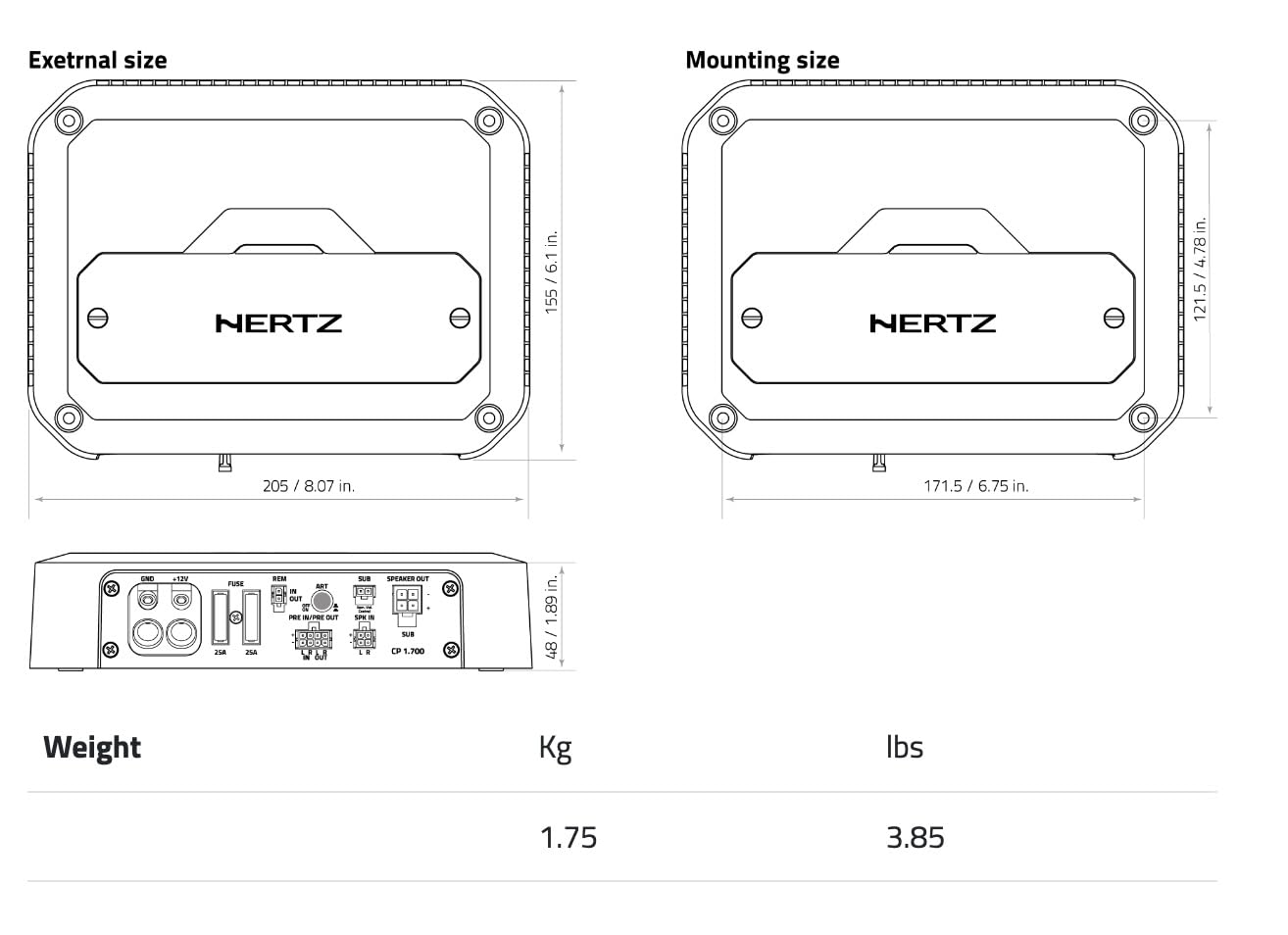 Hertz CP 4.800 Amplificador De 4 Canales Clase D Hi-Res Audio, 760 W RMS, Carcasa De Aluminio Fundido, Respuesta en Frecuencia 10 Hz - 41 kHz, Modelo CP-4.800