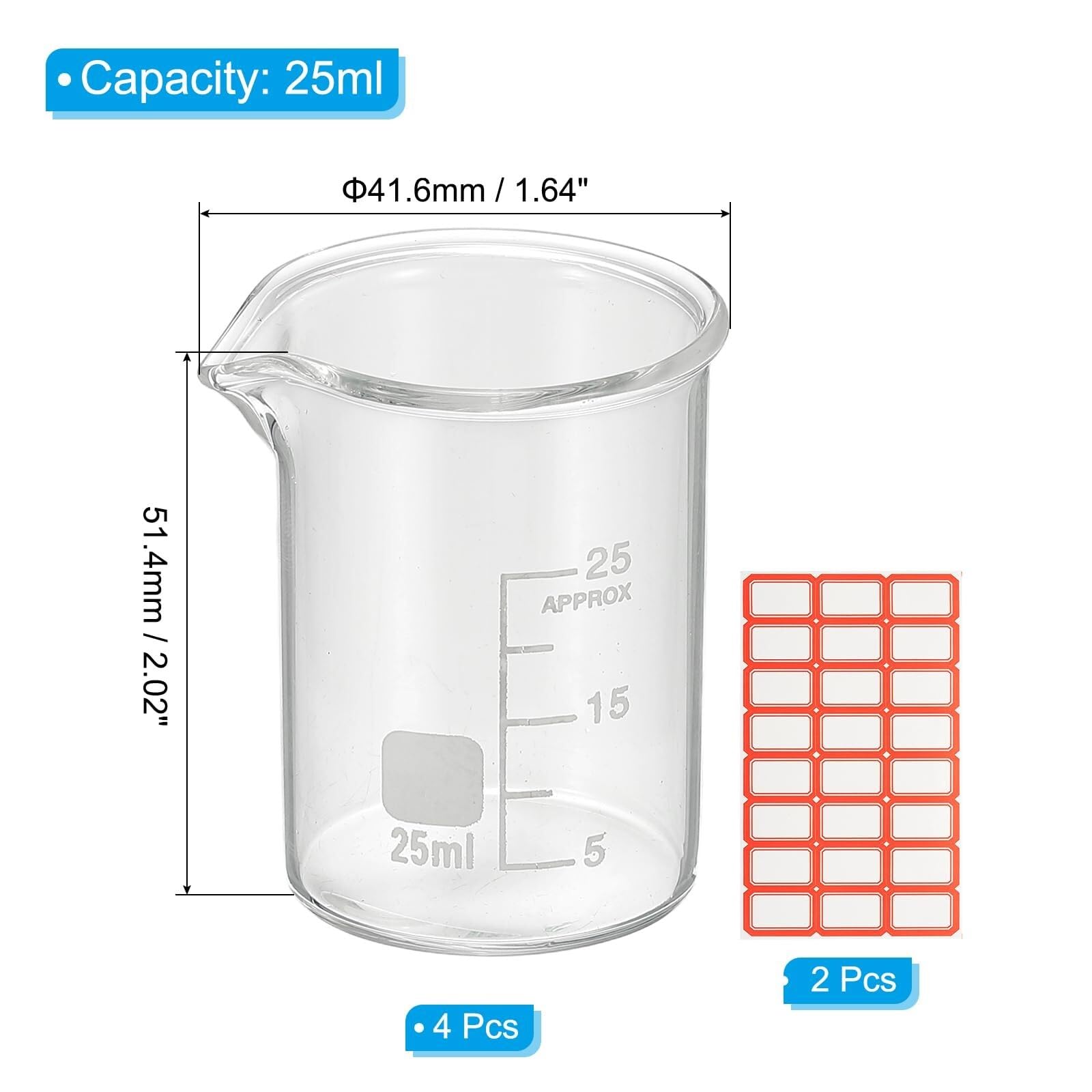 Zlewka laboratoryjna, Zlewka ze szkła borokrzemowego o pojemności 5 ml, 4 opakowania z podziałką, miarka laboratoryjna(25ml)