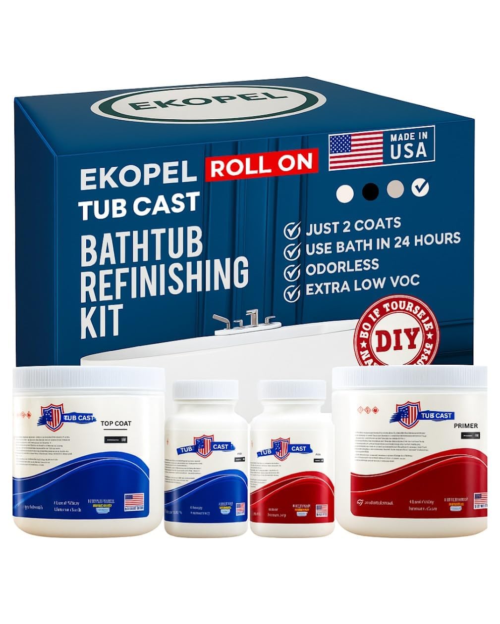 Ekopel Roll On Bathtub Refinishing Kit - Made in The USA - Odorless Tub and Tile Reglazing - 20X Thicker Than All Other Refinishing Kits (No Tools) - Gloss White