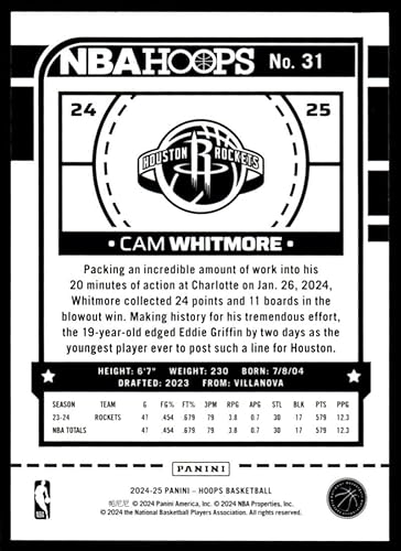 Miniatura 2 de 2024-25 Hoops #31 Cam Whitmore Houston Rockets NBA Basketball Base Trading Card