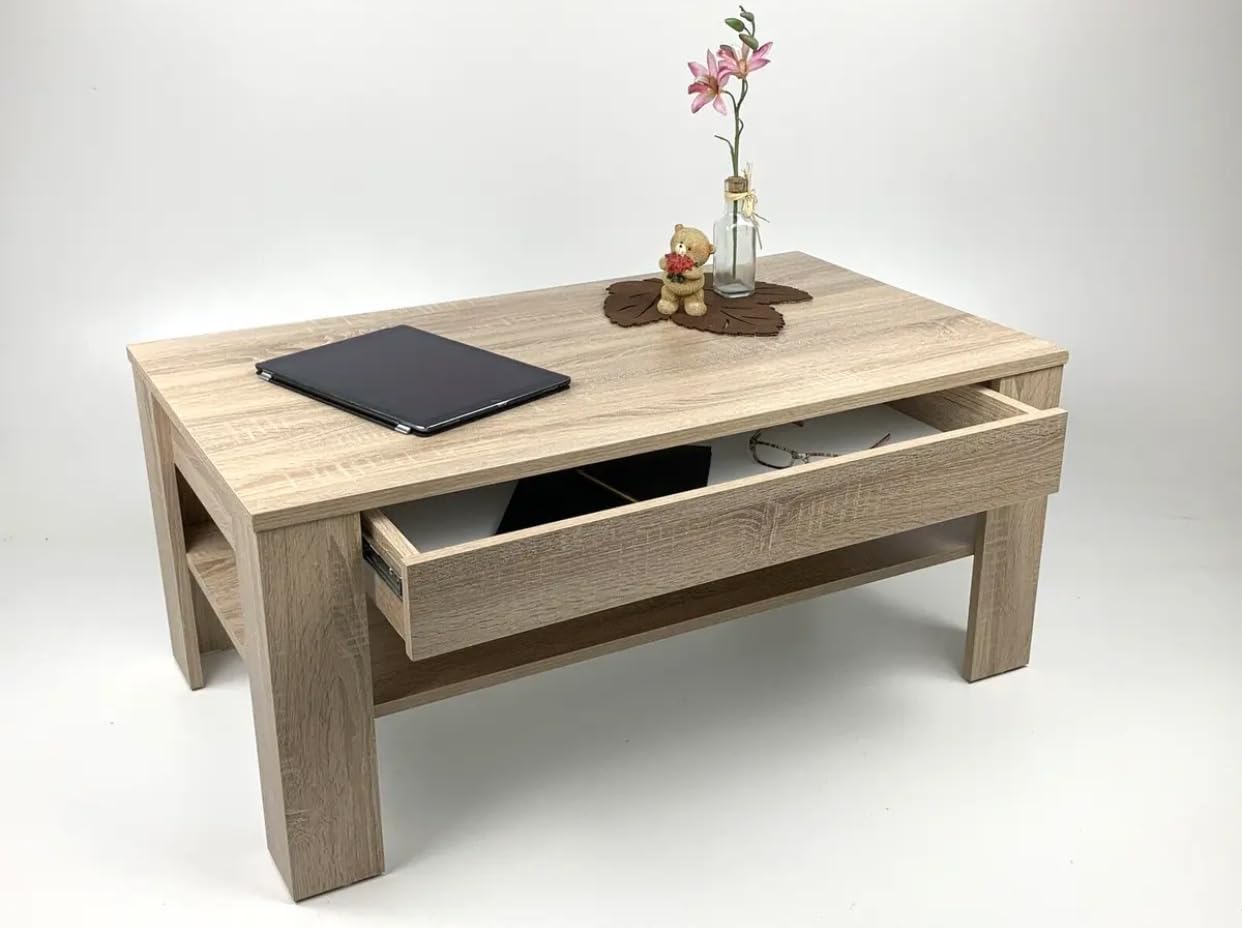 Unbekannt Couchtisch mit Schublade Wohnzimmertisch (EWA) Sonoma Eiche hell Sägerau 100 x 54x 43,5 cm