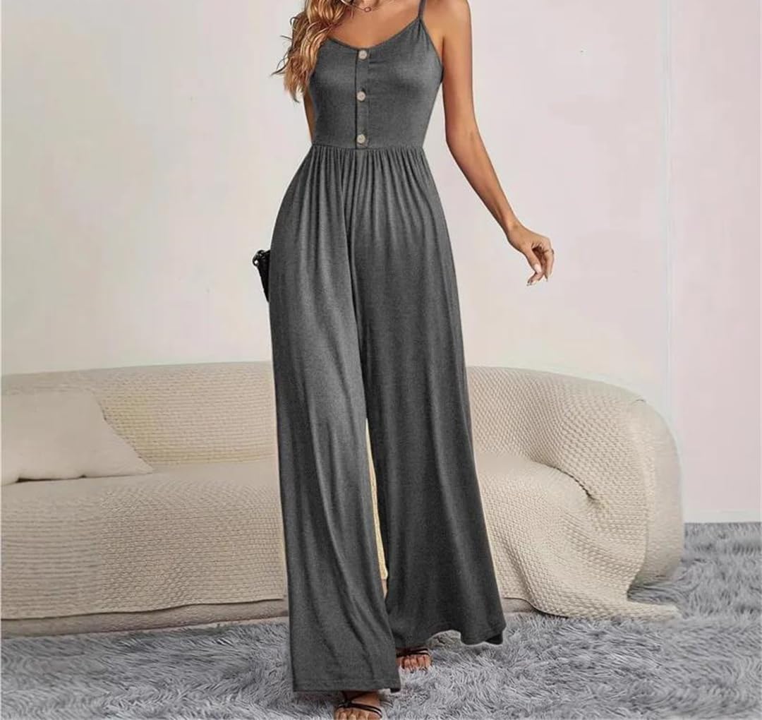 Yeuyyben Enterizo sin mangas con tirantes y pierna ancha para mujer, con botones, casual, cintura alta, ajuste holgado