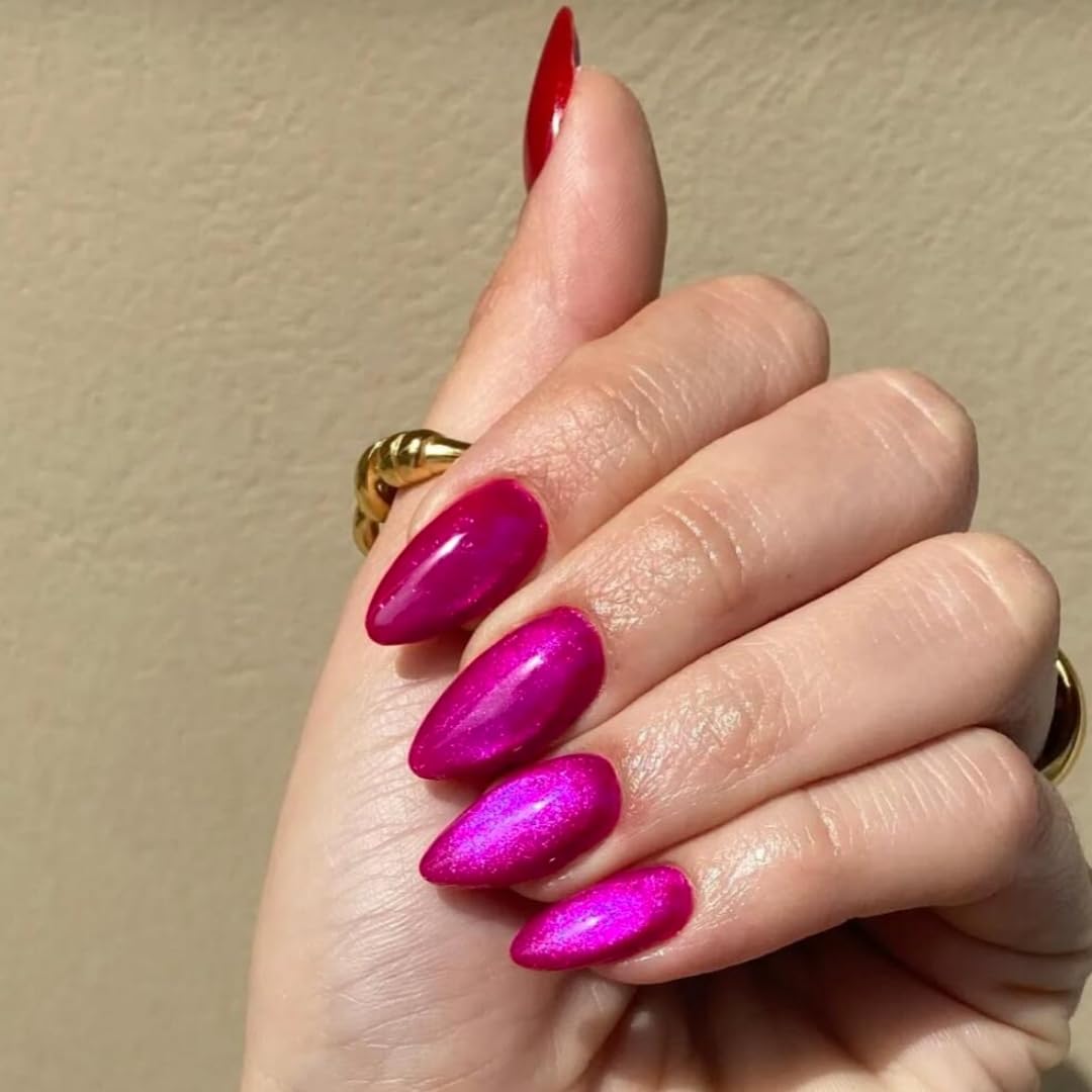 KQueenest Cat Eye Press on Nails Almond, Glazed Glitter Hot Pink False Nails Medium Stiletto - Image 2