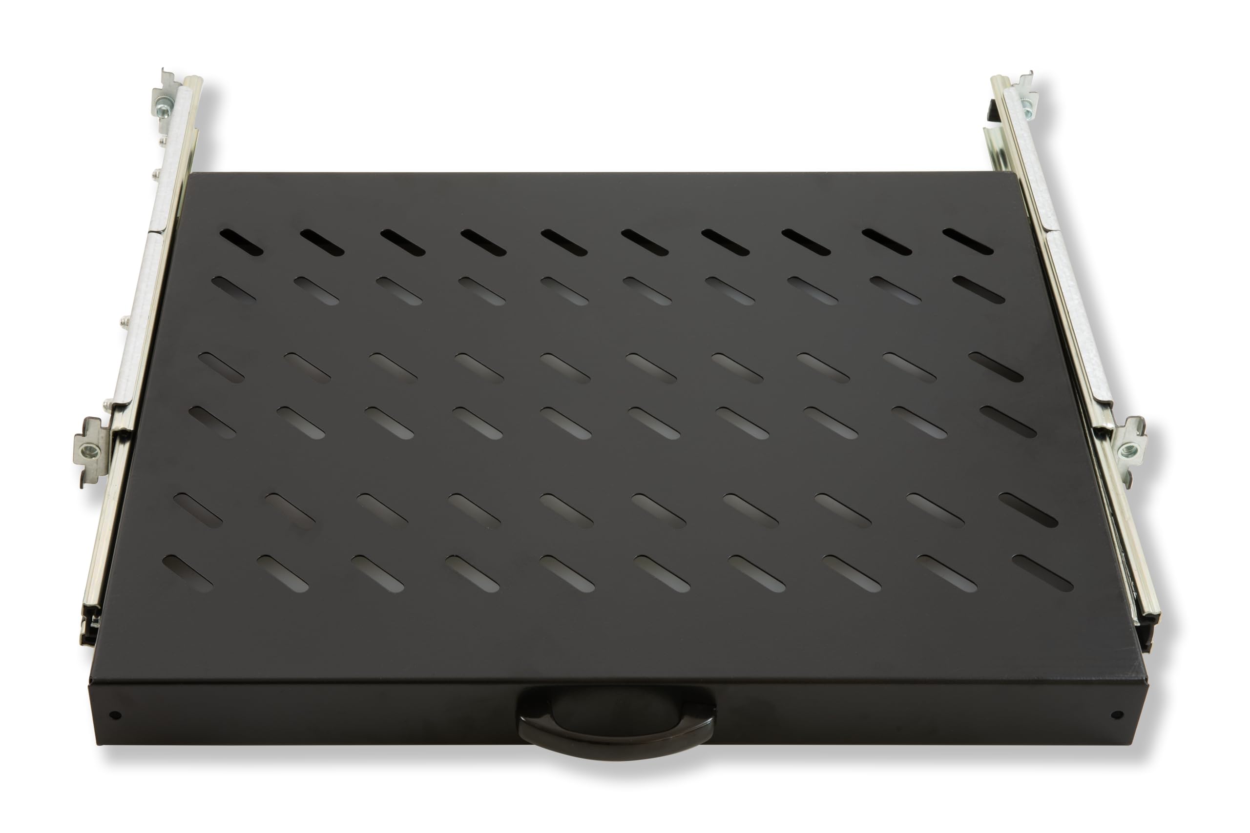 LINK LKRIP370EN - Mensola estraibile universale per armadio rack (48,5x36,5x4 cm, nero RAL9005) – Binari telescopici in acciaio verniciato – Portata 30 kg e distanza regolabile tra montanti