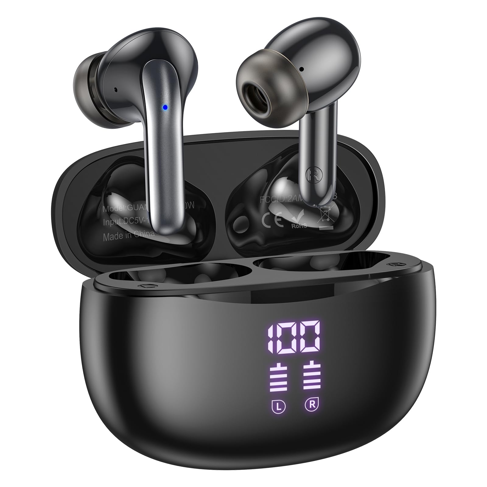 Wireless Bluetooth Headphones, 40H Playback Bluetooth Earbuds with LED Power Display Charging Case, IPX5 Waterproof Wireless Headphones for Phone Gaming TV Sports (Dual Mic-Black-Upgrade)