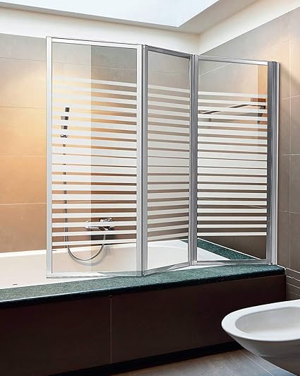 Mampara de pared para bañera de 133/134 cm, puertas serigrafiadas de cristal y perfiles de cromo