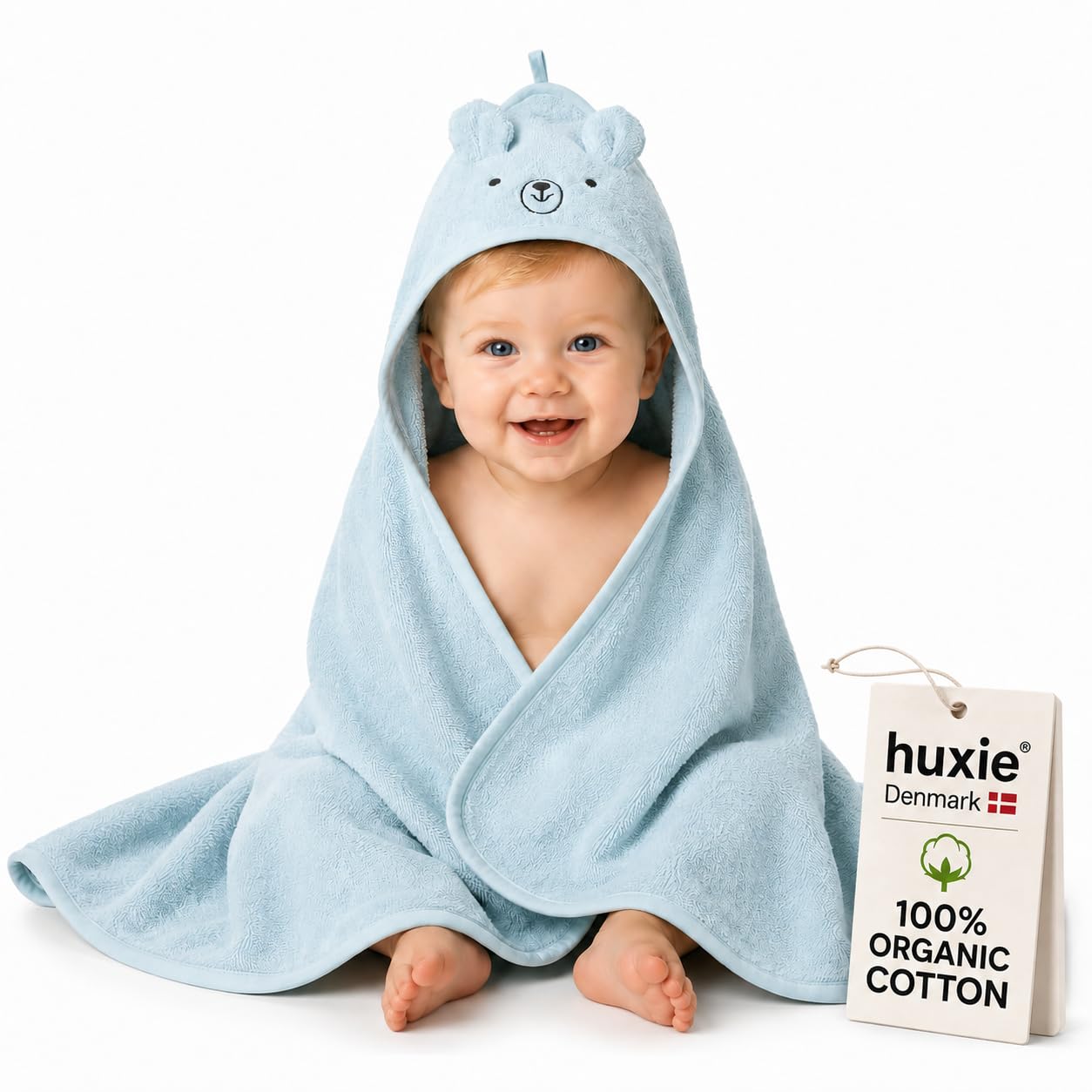 Asciugamano con cappuccio per bambini, in cotone biologico, asciugamani per neonati, asciugamani da bagno per neonati, 81,3 x 81,3 cm, asciugamani super morbidi e assorbenti per neonati (orso, azzurro