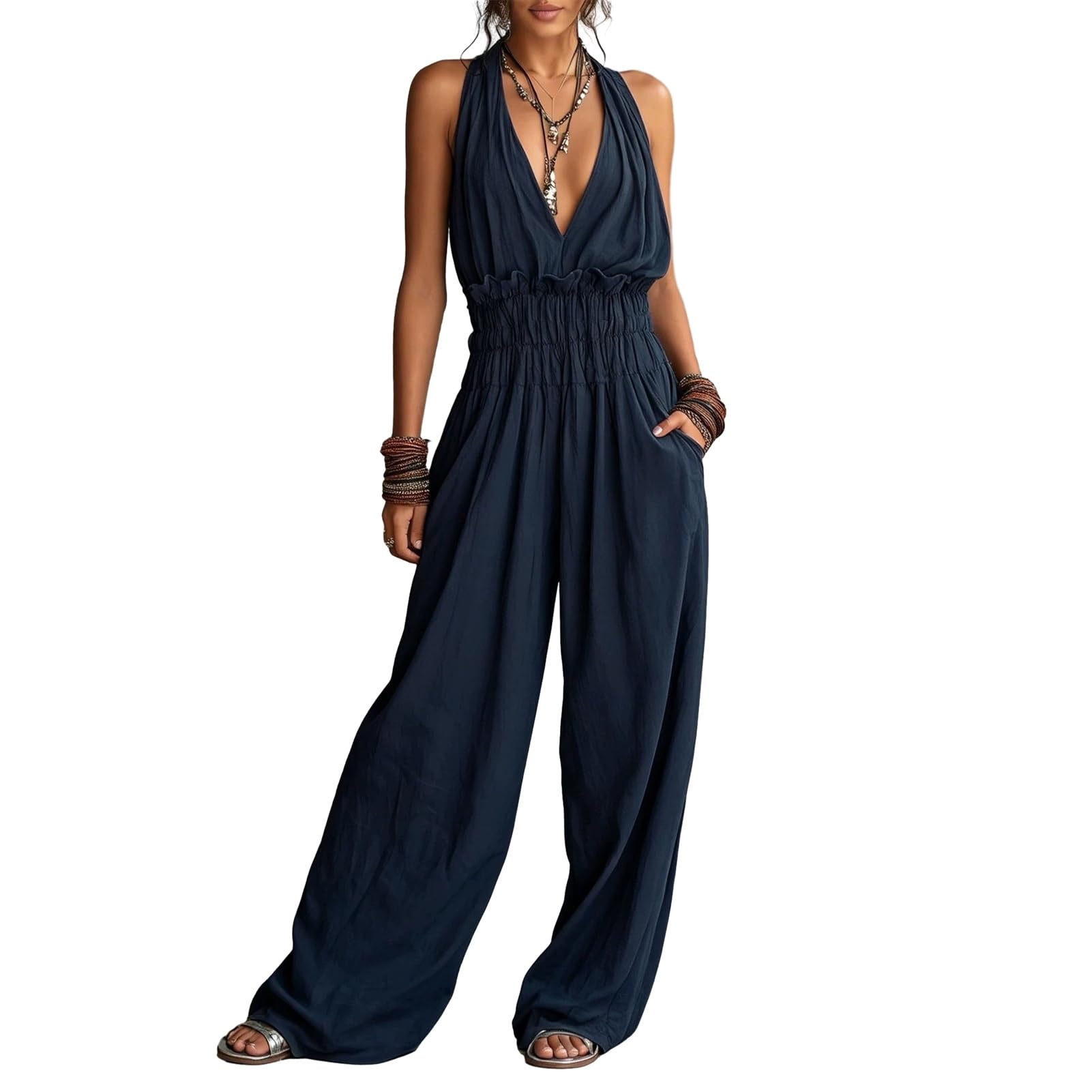 matumou Women's Halter Jumpsuit, Deep V Neck Sleeveless Backless Wide Leg Rompers, Flowy Casual Beach One Piece Outfits with Pockets