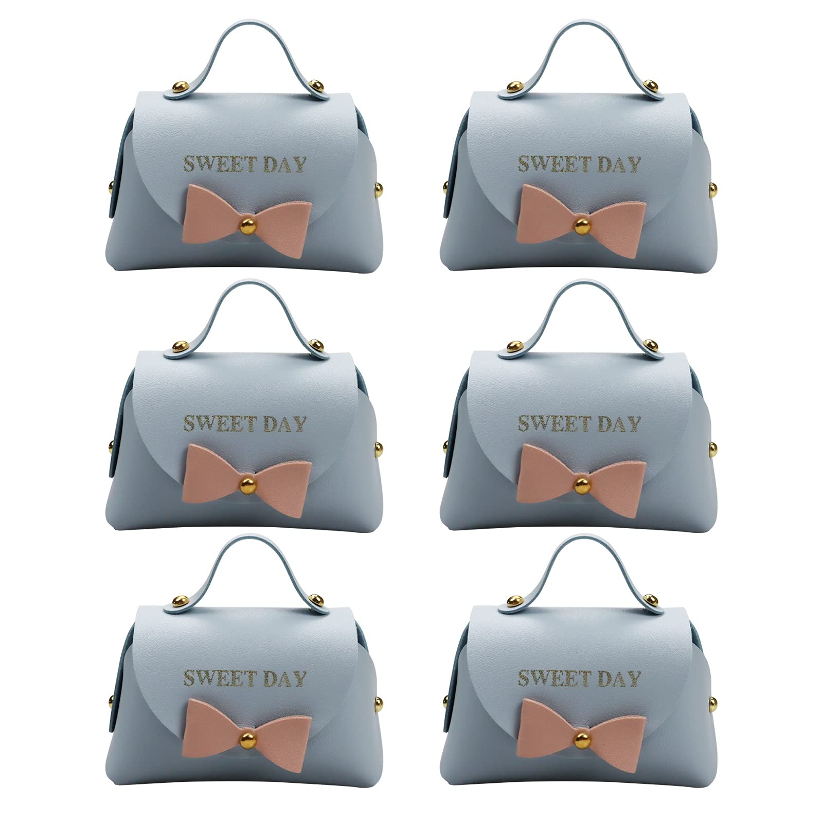 CheeseandU 6Pack Exquisite Simple Bowknot Handbag with Handle Gift Box Beautiful Light Blue Leather Gift Bag with White Bow Decor Wedding Candy Box Birthday Party Favor Boxes 5.1x3.15