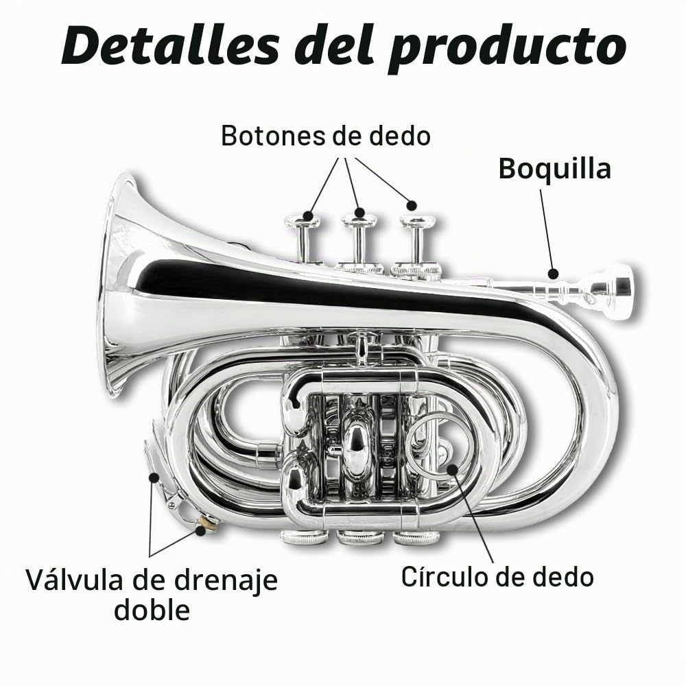 Trompeta de bolsillo de latón chapado en níquel con boquilla 7C, kit de limpieza, funda de transporte, guantes para principiantes/estudiantes (plata)