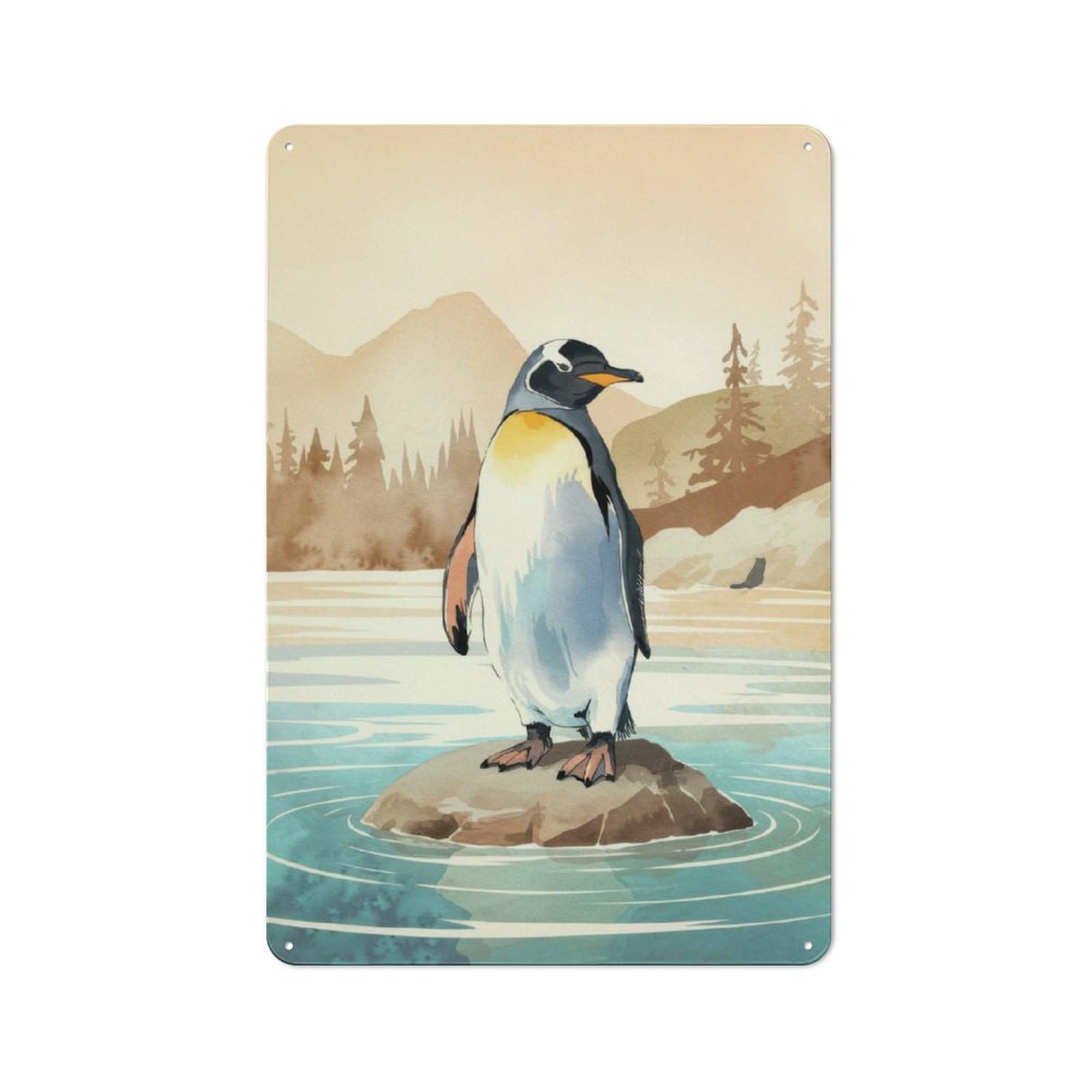 Junmoney Penguin On Rock Retro-Style Metal Sign 30X20cm For Studio Or Craft Room, Gift For Studio Decor Lovers During The Christmas Season