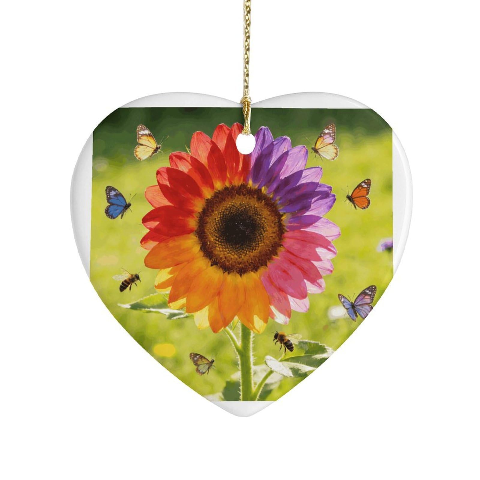 Khauerbc Style Colorful Sunflowerheart Shaped Ceramic Ornament With String,Ceramic Ornament,Two-Sided Printed For Christmas Tree And Holiday Decoration
