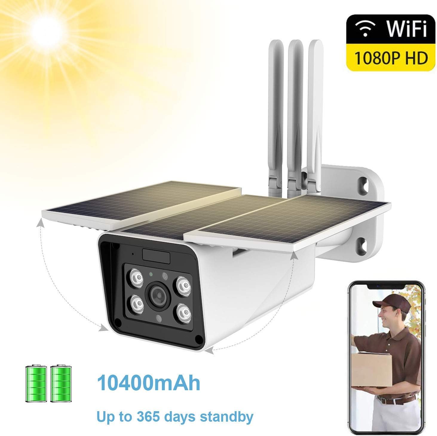 FUVISION Solar Betriebene Outdoor รberwachungskamera, 1080p Wifi Kamera Kabellos, IP66 Wasserdicht, 2 Wege Audio, Nachtsicht, Bewegungserkennung, Smarte รberwachung mit iOS und Android App.