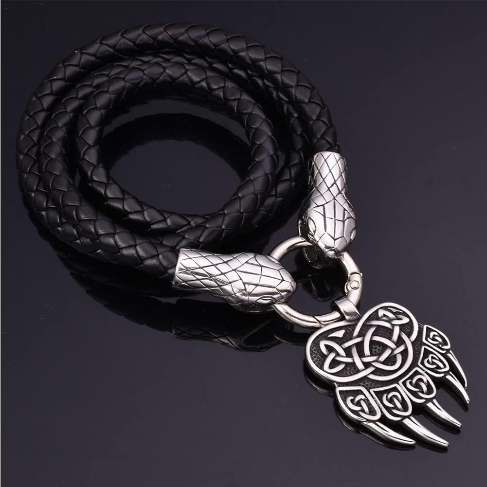 Men's Jewelry Viking Odin Celtic Knot Bear Claw Wolf Head Pendant Necklace, Norse Myth Hand Braided 6Mm Leather Chain,Gold,60cm