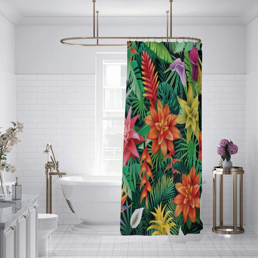OERJU Floral Shower Curtain Tropical Flowers and Plants Bright Bath Curtain Waterproof Polyester Fabric Bathroom Decor Set with Hooks 72x84inch