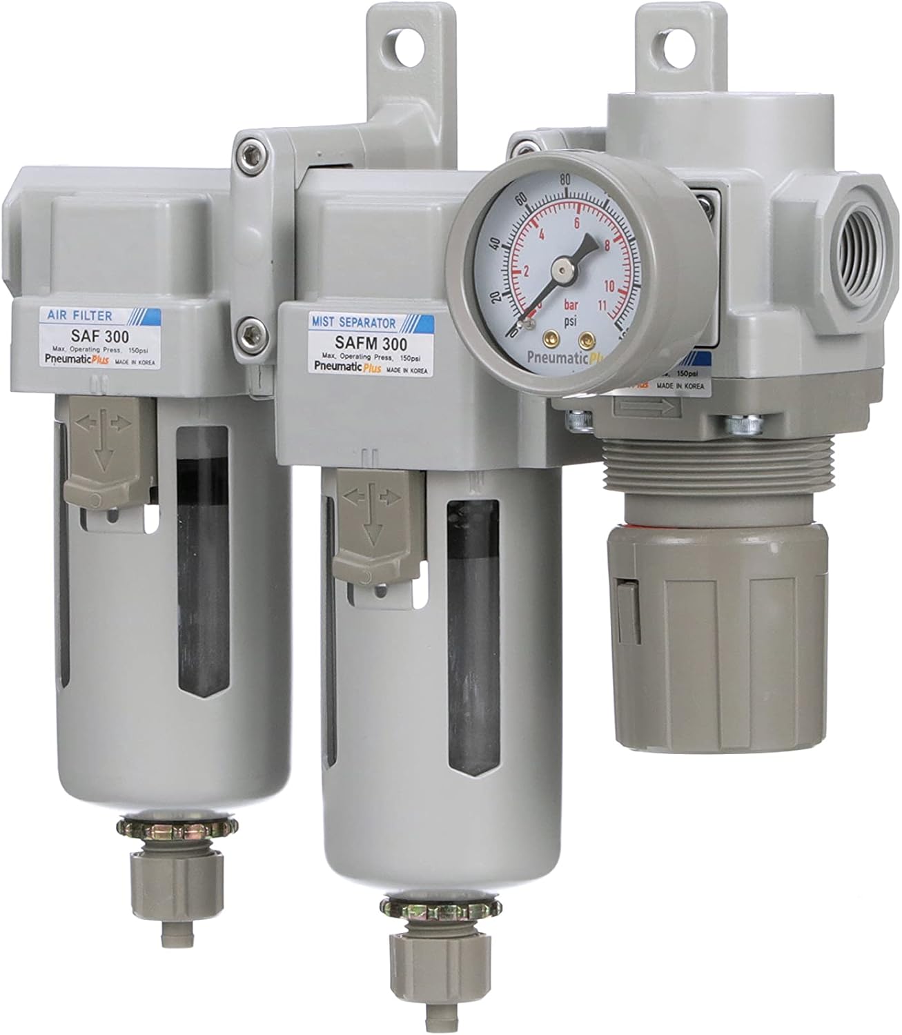 PneumaticPlus SAU330-N03G Three Stage Compressed Air Drying System - Particulate Air Filter, Coalescing Filter, Air Pressure Regulator Combo 3/8" NPT - Poly Bowl, Manual Drain, Gauge