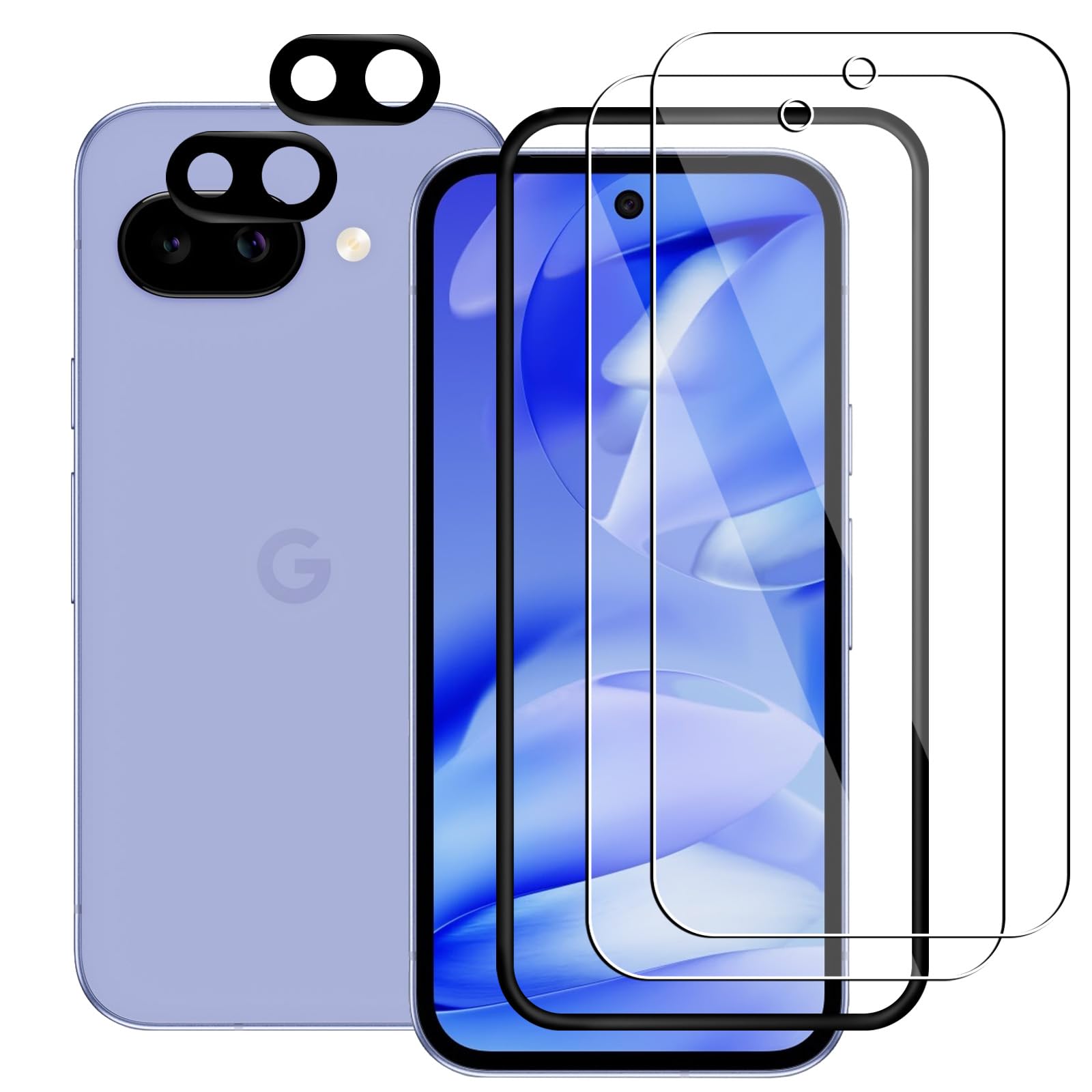 【2+2枚セット】対応 Google Pixel 9A ガラスフィルム 全面保護 液晶保護フィルム FOR Google Pixel 9A 5G 用の対応強化ガラス（2枚）+レンズ保護フィルム（2枚）【自動吸着/硬度9H/貼り付け簡単/干渉しない/気泡ゼロ】付属ガイド枠付き+取扱説明書
