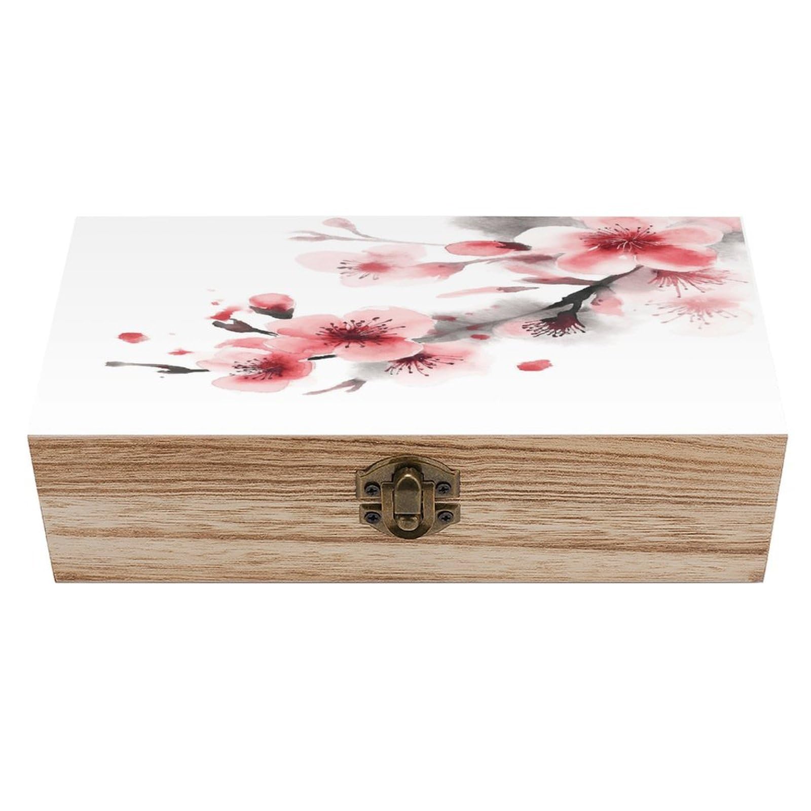 JTREHY Asian Watercolor Pink Cherry Florals Wooden Keepsake Box Vintage-Style Wood Keepsake Case with Hinged Lid Solid Wood Boxes Beautifully Memory Treasure Case Vintage-Style Wooden Storage Box