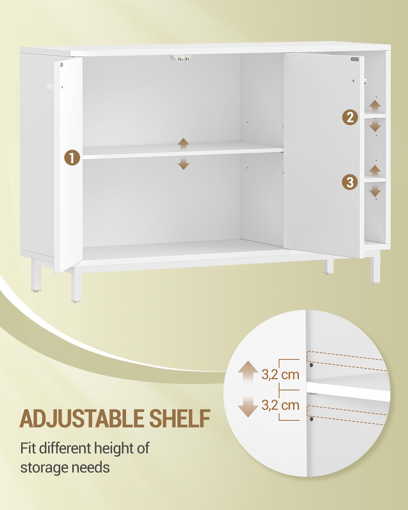 Hzuaneri Mueble de Baño, Armario de Almacenaje, con 3 Estantes Abiertos Ajustables y 2 Puertas, Gran Capacidad de Almacenaje, para Baño, Salón, Entrada, Cocina, Blanco SC10203W