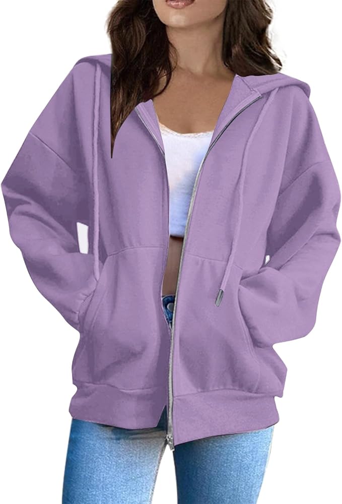 OIOLOYJM Zipper Hoodies for Women Long Sleeve Oversized Sweatshirts Y2k Drawstring Soft Jacket 2025 Fall Fashion with Pockets