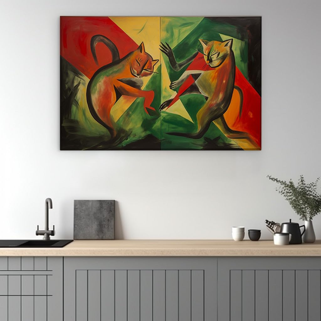 Canvas for Living Room. Dancing Felines in a Kaleidoscope of Colors, 27 x 18 inch Canvas Wall Art - Ready to Hang