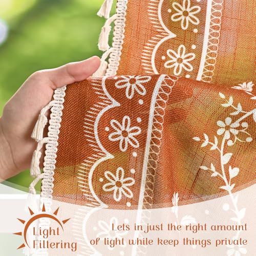 Image of Yinhua Boho Tie Up Curtains for Windows Vintage Linen Valance Light Filtering Floral Valance Rod Pocket Rustic Adjustable Tassel Window Valances for Bathroom, 42 inch W X 45 inch L, Orange