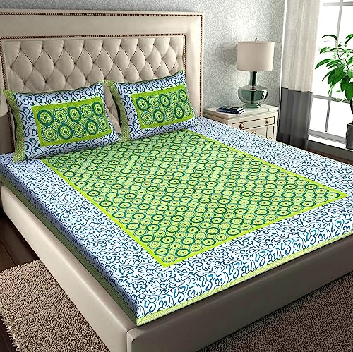 Image of RajasthaniKart Pure 100% Cotton Double Bed Sheet with 2 Pillow Covers (Bedsheet for Double Bed Cotton, Green, 5279)