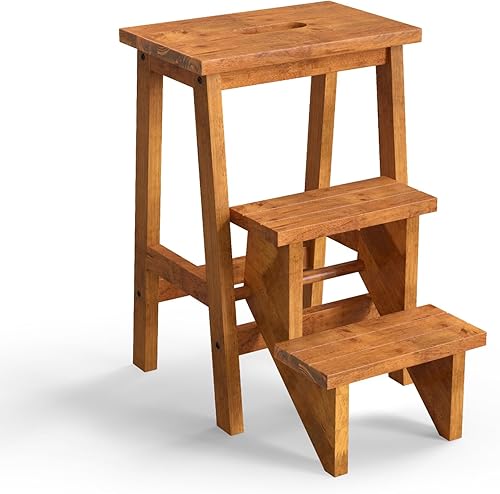 Costzon Taburete plegable de 3 escalones, escalera de madera 3 en 1 con asa, pedal antideslizante, estante de almacenamiento multifuncional, estante