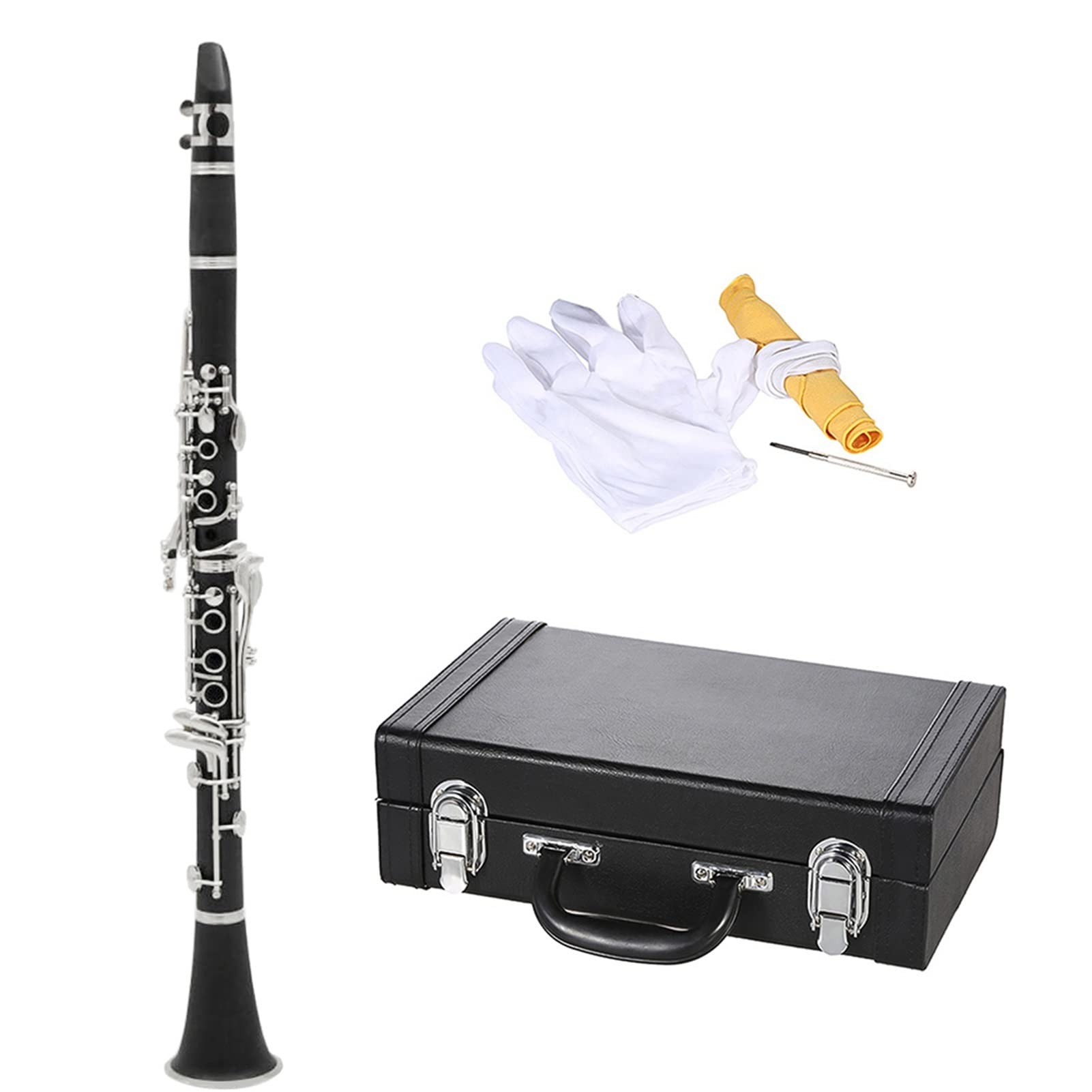 TSTS 17 Chiavi in ​​SIB Clarinetto Cupronichel Nichelato ABS con Panno di Pulizia Guanti Strumento A Fiato per Studenti Principianti Set per clarinetto per Studenti
