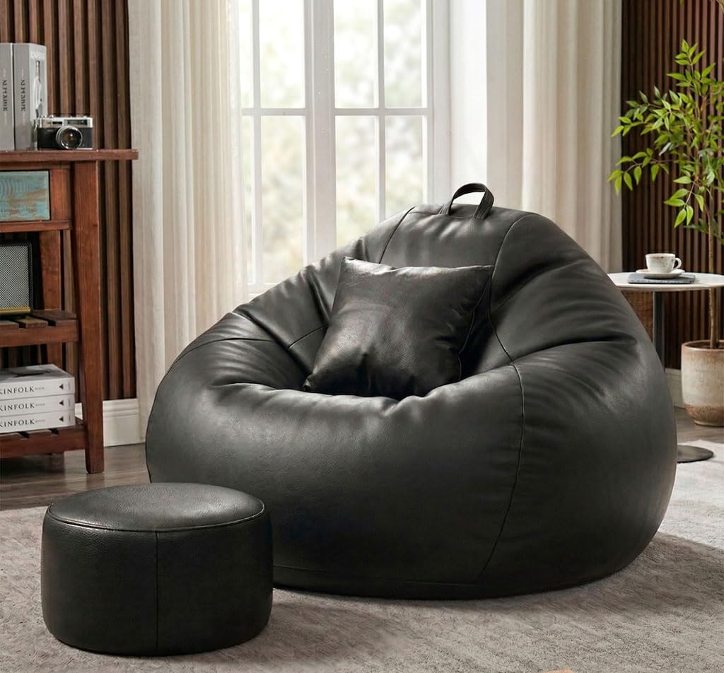 Sattva Classic 2XL Bean Bag Chair with Beans Filled, Footstool & Cushion | Faux Leather Sofa Style Bin Bags | Pre-Filled Beam Bag & Comfortable Beans Bag for Adults, Home & Office (Black)-picture-20