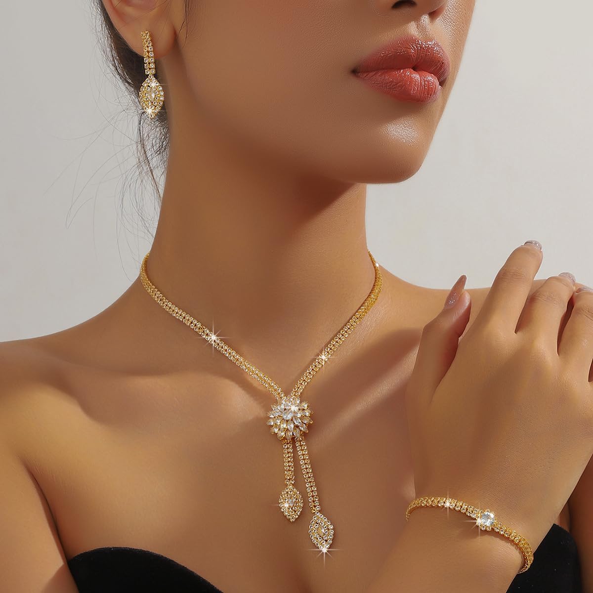 4 Pieces Cubic Zirconia Wedding Jewelry Sets for Bride Rhinestone Bridal Jewelry Set Necklace Bracelet Earring Ring for Brides Bridesmaid for Wedding Party