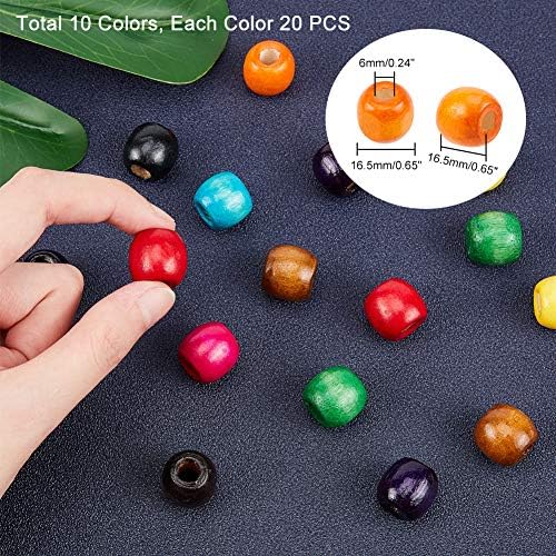 PandaHall 200pcs Colored Wooden Beads, 10 Colors Wood Barrel Beads 16.5mm Colorful Loose Beads with 6mm Large Hole for Macrame Bracelet Necklace DIY Craft Christmas Jewellery Making
