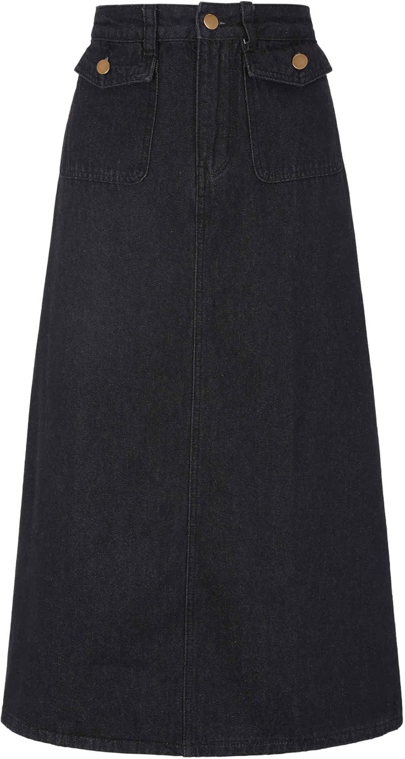 Allegra K Midi Denim Skirt Women High Waisted Flap Pockets A-Line Long Jean Skirt