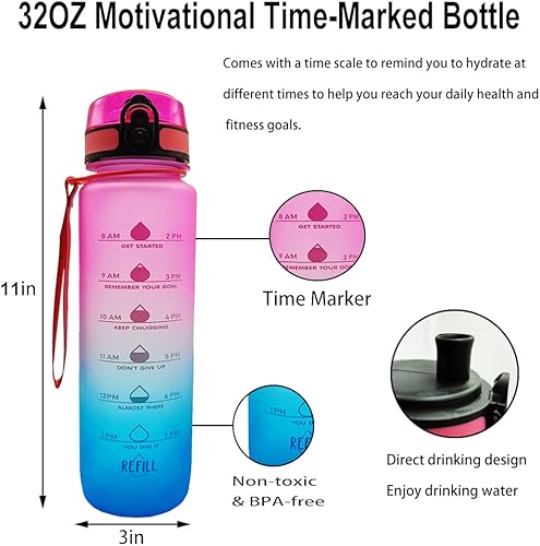 Miniatura 2 de YF-TOW Botellas de agua, botella de agua deportiva, botellas de agua a prueba de fugas de 34 onzas con tiempo y colador de frutas, sin BPA, sin