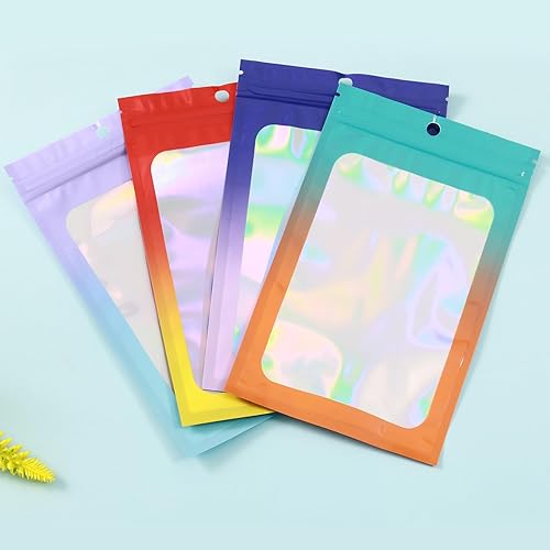Miniatura 7 de 200 PCS 4.7x7.8 Smell Proof Mylar Bags for Food Storage, Resealable Mylar Bags Gradient with Clear Window, Holographic Resealable Packaging Bag for